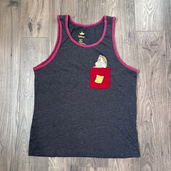 Disney Tops - Disney Grumpy Tank Top Womens Charcoal Pink Trim Graphic Pocket Shirt